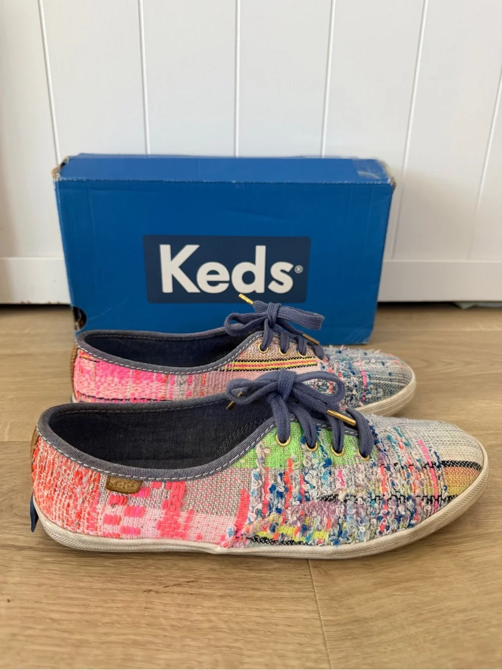 Keds X Malhia Kent Women’s Champion Kikaou Blue Multi Lace-Up Sneakers Sz 7